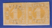 Bayern 1 Kreuzer gelb Mi.-Nr. 8 waagerechtes Paar einwandfrei zart gest. mit GMR