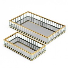 2er Set Spiegeltablett Metall-Gold Deko Bad Schminktisch Schmuck Kosmetik Ablage