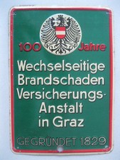 Wechselseitige Brandschaden Versicherungs-Anstalt in Graz originales Blechschild
