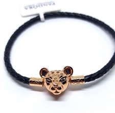 Armband Pandora Löwe rosé geflochtenes schwarzes Leder 18 cm