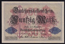 50 Mark 5.8.1914 - Darlehnskasse - Serie V mit KN 7-stellig (DEU-56b) Ungefaltet