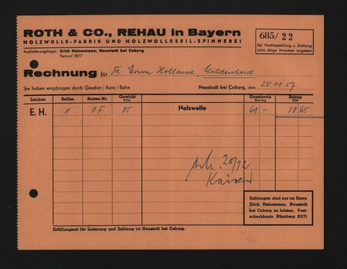 Rehau rechnung 1957 roth - 1957,,