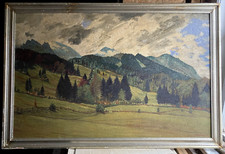 ::ÖLGEMÄLDE LANDSCHAFT BERGE SEE UFER BAYERISCHE VORALPEN VERSO ORTSANGABE ANTIK