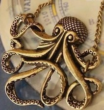 OKTOPUS Anhänger VINTAGE Messing MARITIM HALSKETTE Antik Bronze LANGE KETTE Tintenfisch