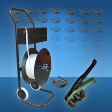 Umreifungsset gewebt HD 25 mm Kraftband-1400 kg, Abrollwagen Bündelgerät Klemmen