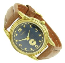 Fossil Retro Damen Herren Armbanduhr Leder Blau Gold Braun TM-6221 Batt neu S165
