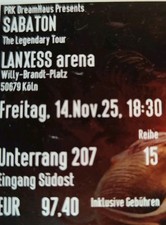 2x SABATON KÖLN 14.11.2025 SITZPLATZ TICKETS UNTERRANG 207 REIHE 15