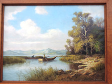 ÖLGEMÄLDE AUF LEINWAND  BILD  LANDSCHAFT SEE HOLZRAHMEN SIGNIERT JO - REMARKO