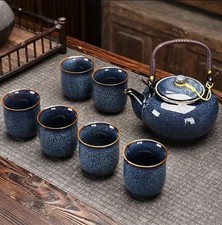 7-tlg Japanisches Vintage Keramik Tee Set Dunkelblau Teekanne und 6 Tassen