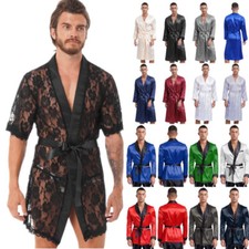 DE Herren Rauchen Roben mit Gürtel Satin Bademantel Kimono Nachtwäsche Homewear