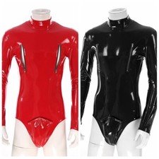 DE Männer Wetlook Body Lack Leder Bodysuit Langarm Einteiler Overall Stringbody