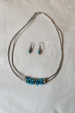 Silber Ohrringe mit Türkis (Eule) + Kette indianisch, 44 cm, Vintage Ethno-Set