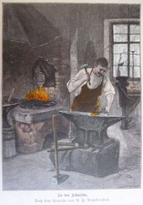 kolorierter Holzstich - In der Schmiede ( Schmied am Amboss Esse )
