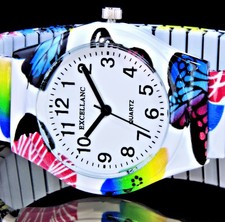 Excellanc Damen Armband Uhr mit Zugband Flexband Schwarz Rot Weiß Blumen Bunt 2