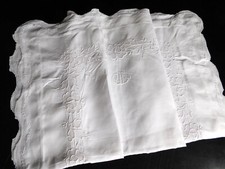 ANTIK LEINEN PARADEKISSEN 95X77cm FEINSTE WEISS STICKEREI MONOGRAMM (B)