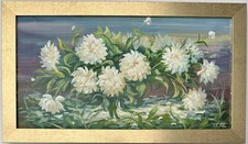 Original altes russisches Ölgemälde Stillleben „Dahlien“, signiert, Kostroma.