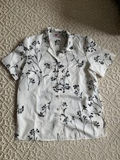 Vintage Asia Bluse weiß M-L 38-40-42 Top weiß Blumen schwarz 60s 70s h Perlmutt