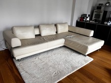 Schillig Ledercouchgarnitur Creme L Form mit 3 großen Lederkissen, ausziehbar 