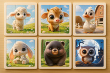 Puzzle Set - 6 niedliche Bauernhof-Babys, Puzzle aus Holz für Kinder