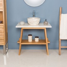 Teakholz Waschtisch 80 cm mit Marmor Platte creme Aufsatzbecken Bad wohnfreuden