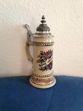 Bierseidel mit Zinndeckel Bierkrug aus Keramik mit Aufschrift ZUM GEBURTSTAG