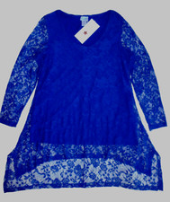 Bluse Tunika aus Spitze Royal Blau Gr. XXL/ 44-46 Langarm, Schlitz, Untertop
