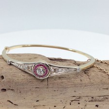 Art-Deco Armreif 750/18k Gelbgol 15x Diamanten ca. 0,50ct Altschliff Rubine#2801