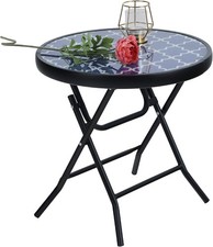 PHIVILLA Klappbar Runder Beistell-Tisch, Glas, aus Metall Garten-Tisch, Balkon 