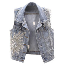Damen Perlen Denim Weste