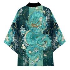 Herren Japanische Kimono Drachen 3/4 Ärmel Offen Vorne Mantel Bademantel Locker