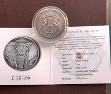 Burkina Faso 1000 Francs 2016 ELEPHANT Antique finish Premium in BOX+COA