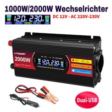 1000W 2000W Wechselrichter 12V auf 230V LCD 2USB Spannungswandler Campen