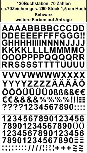 Buchstaben zahlen zeichen je - ,