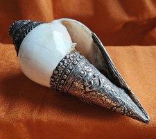 RITUELLES MUSCHELHORN SHANKA KONCHE TIBET SILBERMONTUR ANTIK 19 CM LANG X 8 CM