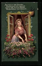 Künstler-AK Frau belauscht Schwalben am Fenster 1910 