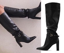 ZARA 🖤 STIEFEL LEDERSTIEFEL OVERKNEESTIEFEL LEDER SCHNALLE BLOCKABSATZ SCHWARZ