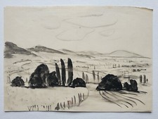 Gemälde Tusche Landschaft Bäume Gebirge Gerda Henning Signiert Nachlass