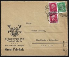E580) Deutsches Reich Karte nach SCHWEDEN Werbung HIRSCH PINSELFABRIK ERZGEBIRGE