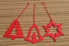 3x Christbaumschmuck, Holz, rot: Stern, Glocke, Tannenbaum 