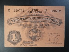 SELTENE 1918 WESTAFRIKANISCHE WÄHRUNGSTAFEL 1/- BANKNOTE (AFRIKA) ORIGINAL SEHR SCHÖN