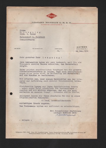 Aachen rechnung 1959 leonard - aachen,,
