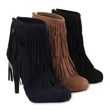 Damen Stiefeletten Fransen High Heels Boots Ethno 76978 Schuhe
