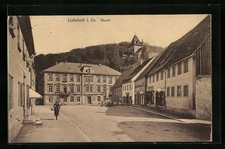 Liebstadt i. Sa., Markt mit Geschäften und Denkmal, Ansichtskarte 1943 
