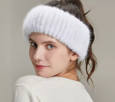Damen Stirnband 2 in 1 Echt Nerz Pelz Rollkragen Schal Elastisch Strick Weiß Neu