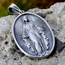 Religiöse Mutter Gottes Anhänger Sterling Silber 925 Oval Kette Handmade Schmuck