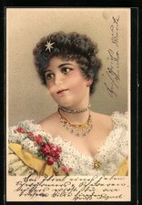 Lithographie Dunkelhaarige Schöne auf dem Kleid, Jugendstil 1901 