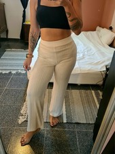 H&M Hose Weites Bein High Waist Crop Culotte Gerippt creme Gr 36/S