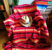 mexikanische Ethno Decke rot  orangeBoho gewebt Mexiko Yoga 225cm x 150cm Hippie