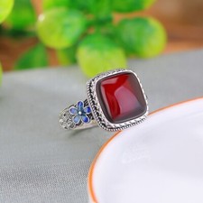 F02 Ring quadratischer roter Bernstein Flechtmuster blaue Blume Silber 925