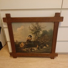 Ölgemälde Hühner Motiv und antikem Holzrahmen